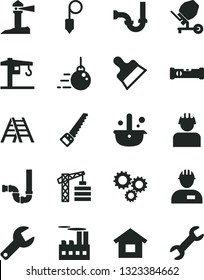 Solid Black Vector Icon Set - repair key vector, crane, tower, dwelling, workman, big core, concrete mixer, arm saw, ladder, siphon, sewerage, construction level, plummet, putty knife, builder