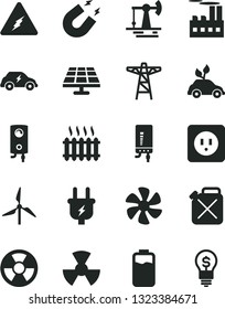 Solid Black Vector Icon Set - power socket type b vector, boiler, electronic, marine propeller, charge level, solar panel, working oil derrick, windmill, pole, plug, industrial building, canister