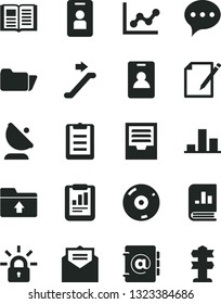 Solid Black Vector Icon Set - graph vector, archive, upload folder, received letter, speech, book, address, notes, satellite antenna, chart, statistical report, on statistics, cd, encrypting, access