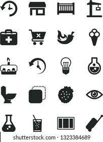 Solid Black Vector Icon Set - first aid kit vector, baby cot, window frame, toilet, eye, crossed cart, copy, torte, chili, a glass of soda, cone, strawberries, bulb, Construction crane, stall, flask