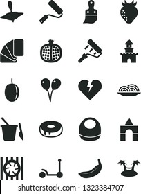 Solid Black Vector Icon Set - baby bib vector, children's sand set, small yule, box of bricks, colored air balloons, Kick scooter, new roller, paint, sample colour, plastic brush, broken heart