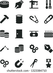 Solid Black Vector Icon Set - safety pin vector, open, iron fork spoons, crane, adjustable wrench, ntrance door, hammer, coins, canned goods, barrel, welding, aluminum radiator, gears, three, magnet