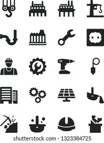 Solid Black Vector Icon Set - builder vector, winch hook, drill, sewerage, power socket type f, buildings, construction helmet, plummet, gear, solar panel, coal mining, hydroelectricity, enterprise