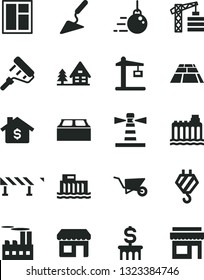 Solid Black Vector Icon Set - tower crane vector, hook, big core, building trolley, trowel, window, paint roller, block, paving slab, road fence, hydroelectric station, hydroelectricity, industrial