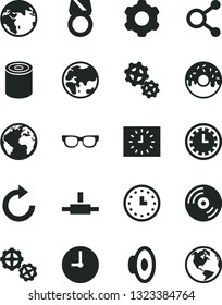 Solid Black Vector Icon Set - sign of the planet vector, clock face, clockwise, loudspeaker, gears, cogwheel, wall, CD, tin, glazed cake with a hole, connections, watch, black, connect, glasses