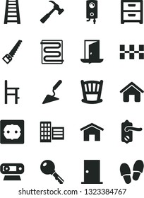 Solid Black Vector Icon Set - Cradle Vector, A Chair For Feeding, House, Building Trowel, Arm Saw, Stepladder, Power Socket Type F, Door Knob, Ntrance, City Block, Ceramic Tiles, Heating Coil, Home