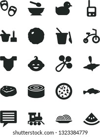 Solid Black Vector Icon Set - image of thought vector, Child T shirt, baby rattle, duckling, toy phone, sand set, children's, deep plate with a spoon, funny hairdo, train, small yule, bicycle, pizza