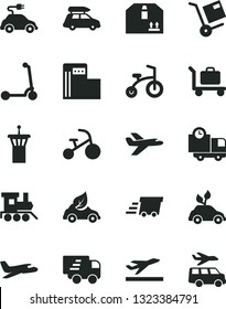 Solid Black Vector Icon Set - baby toy train vector, child bicycle, tricycle, Kick scooter, delivery, cardboard box, shipment, modern gas station, eco car, environmentally friendly transport