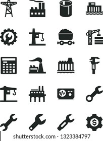 Solid Black Vector Icon Set - repair key vector, crane, tower, gear, factory, hydroelectric station, hydroelectricity, power pole, industrial building, enterprise, pipes, steel, caliper, dollar