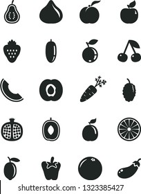 Solid Black Vector Icon Set - peper vector, strawberry, cherry, ripe peach, half apricot, pomegranate, fig, blueberry, mulberry, slice of melon, delicious plum, date fruit, lemon, orange, guava