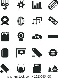 Solid Black Vector Icon Set - add bookmark vector, minus, remove label, negative histogram, toys over the cot, winch hook, Hot Dog, melon, physalis, CO2, jar, vintage sign, season sale, sd card
