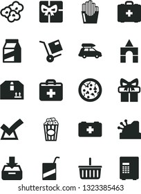 Solid Black Vector Icon Set - grocery basket vector, first aid kit, bag of a paramedic, medical, e, box bricks, put in, cardboard, package, shipment, pizza, fried potato slices, popcorn, cup, gift