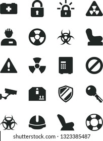 Solid Black Vector Icon Set - warning vector, prohibition, Baby chair, car child seat, bag of a paramedic, workman, construction helmet, lock, key, cardboard box, radiation hazard, encrypting, safe
