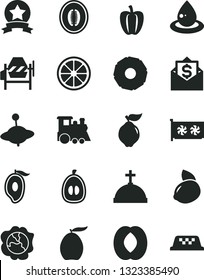 Solid Black Vector Icon Set - children's train vector, yule, concrete mixer, squash, quince, half of mango, loquat, peach, melon, yellow lemon, juicy, slice pineapple, Bell pepper, drop oil, taxi