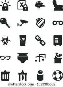 Solid Black Vector Icon Set - spectacles vector, toys over the cot, diaper, powder, Baby chair, helmet, dust bin, key, encrypting, glasses, biohazard, security gate, passort control, uv cream, safe
