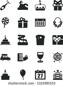 Solid Black Vector Icon Set - daily calendar vector, balloon, birthday cake, gift, Easter, torte, lollipop, glass, wall, giftbox, champagne, car baggage, hotel, hawaii wreath, disco ball, aquapark
