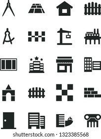 Solid Black Vector Icon Set - box of bricks vector, dwelling, brick wall, window frame, ntrance door, buildings, city block, tile, ceramic tiles, fence, hedge, paving slab, industrial enterprise