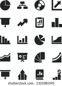 Solid Black Vector Icon Set - growth up vector, pie chart, bar, positive histogram, sample of colour, flowchart, statistical report, ring diagram, charts, book on statistics, financial, graph, arrow