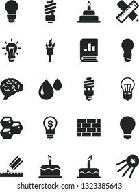 Solid Black Vector Icon Set - matte light bulb vector, cake, birthday, brickwork, saving, writing accessories, drawing, honeycombs, drop, energy, book on statistics, brain, flame torch, idea