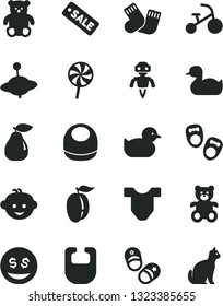 Solid Black Vector Icon Set - bib vector, baby, Child T shirt, rubber duck, duckling, warm socks, teddy bear, small, children's hairdo, yule, tricycle, shoes for little children, lollipop, pear