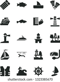 Solid Black Vector Icon Set - small fish vector, sea port, commercial seaport, lighthouse, coastal, sand castle, sail boat, hotel, beach, flippers, diving mask, surfing, handwheel, life vest
