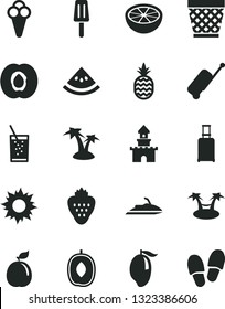 Solid Black Vector Icon Set - wicker pot vector, a glass of soda, popsicle, cone, strawberry, pineapple, half apricot, mango, delicious plum, guava, grapefruit, slice water melon, sand castle, case
