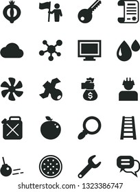 Solid Black Vector Icon Set - monitor window vector, stepladder, key, core, half of medlar, passion fruit, delicious apple, marine propeller, builder, canister, drop, repair, research article, cloud
