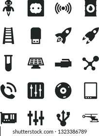Solid Black Vector Icon Set - stepladder vector, power socket type f, regulator, phone call, oil, tablet pc, card, usb, cd, flash, lan connector, wireless, test tube, molecule, settings, robot
