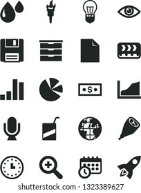 Solid Black Vector Icon Set - clean sheet of paper vector, zoom, storage unit, e, eye, microphone, grill chicken leg, bulb, conveyor, drop, planet, bar chart, pie charts, wall watch, floppy, dollar