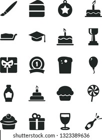 Solid Black Vector Icon Set - tassel vector, balloon, cake, birthday, gift, square academic hat, Easter, muffin, piece of, slice, lollipop, glass, bottle, giftbox, gold cup, star medal, ribbon
