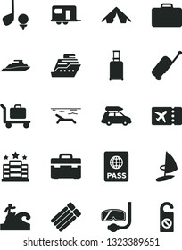 Solid Black Vector Icon Set - suitcase vector, passport, car baggage, camper, rolling, plane ticket, case, tent, beach, diving mask, surfing, hotel, golf, cruiser, yacht, inflatable mattress