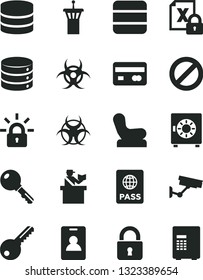 Solid Black Vector Icon Set - prohibition vector, Baby chair, key, lock, passport, big data, strongbox, reverse side of a bank card, encrypting, biohazard, airport tower, identity, passort control