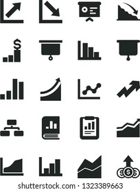 Solid Black Vector Icon Set - growth up vector, line chart, graph, negative, histogram, positive, flowchart, bar, recession, statistical report, book on statistics, financial, presentation board