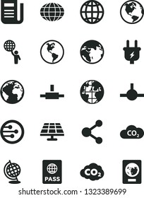 Solid Black Vector Icon Set - sign of the planet vector, earth, passport, solar panel, plug, CO2, carbon dyoxide, connection, globe, newspaper, network, connect, man hold world