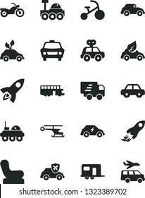 Solid Black Vector Icon Set - Baby chair vector, motor vehicle, present, tricycle, car, eco, environmentally friendly transport, electric, retro, autopilot, space rocket, Express delivery, camper