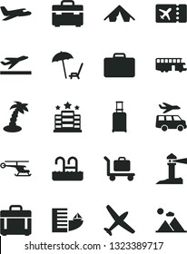 Solid Black Vector Icon Set - suitcase vector, case, coastal lighthouse, helicopter, plane, bus, rolling, ticket, departure, hotel, tent, arnchair under umbrella, palm tree, pool, baggage, transfer