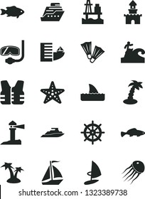 Solid Black Vector Icon Set - small fish vector, sea port, coastal lighthouse, sand castle, sail boat, hotel, palm tree, starfish, flippers, diving mask, surfing, handwheel, life vest, cruiser