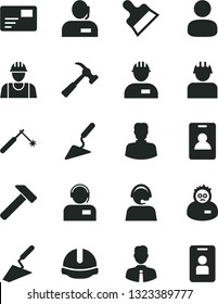 Solid Black Vector Icon Set - builder vector, workman, trowel, building, construction helmet, putty knife, hammer, with claw, employee, pass card, operator, welding, woman, man, dispatcher, identity