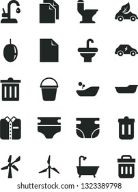 Solid Black Vector Icon Set - bin vector, clean sheet of paper, diaper, nappy, children's bathroom, bath, bucket, washbasin, comfortable toilet, kitchen faucet, folded shirt, passion fruit, windmill