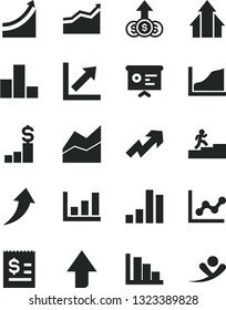 Solid Black Vector Icon Set - upward direction vector, growth up, bar chart, line, graph, positive histogram, article on the dollar, financial report, carrer stairway, arrow, arrows, pedestal