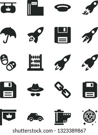 Solid Black Vector Icon Set - floppy disk vector, spectacles, hat with glasses, camera roll, child shoes, abacus, umbrella, plate, modern gas station, retro car, vintage sign, rocket, space