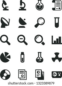 Solid Black Vector Icon Set - magnifier vector, zoom out, negative histogram, round flask, radiation, satellite dish, antenna, ring diagram, pie charts, statistical research, article, test tube