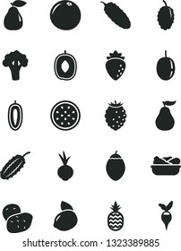 Solid Black Vector Icon Set - lettuce in a plate vector, cucumber, beet, pineapple, pear, raspberry, tasty, mulberry, delicious plum, passion fruit, sweet date, yellow lemon, half of, tamarillo
