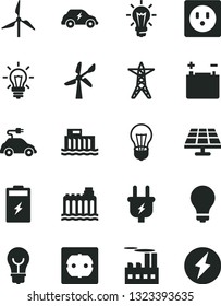 Solid Black Vector Icon Set - matte light bulb vector, power socket type f, charging battery, solar panel, windmill, wind energy, accumulator, hydroelectric station, hydroelectricity, line, plug