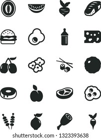 Solid Black Vector Icon Set - measuring bottle for feeding vector, piece of cheese, fried vegetables on sticks, burger, cake with a hole, chicken thigh, bacon, cabbage, Chinese chopsticks, sushi
