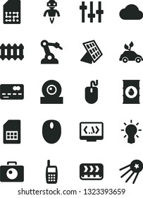 Solid Black Vector Icon Set - new radiator vector, camera, oil, conveyor, environmentally friendly transport, robot welder, SIM card, front of the bank, mobile phone, mouse, web, coding, cloud, bulb
