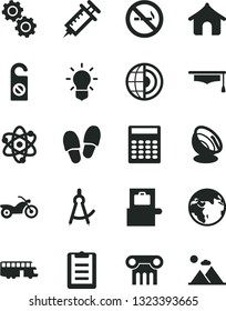 Solid Black Vector Icon Set - atom vector, bulb, gears, graduate hat, clipboard, calculator, drawing compass, earth core, satellite antenna, syringe, bus, motorcycle, baggage scanner, boungalow
