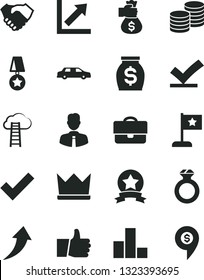 Solid Black Vector Icon Set - check mark vector, bar chart, growth, employee, thumb up, coins, portfolio, hand shake, money, star flag, medal, ribbon, diamond ring, bag, arrow, vote, crown