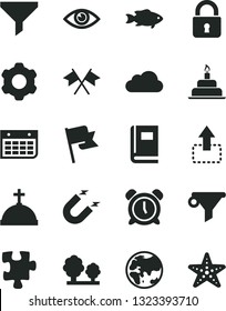 Solid Black Vector Icon Set - alarm clock vector, birthday cake, Puzzle, cogwheel, lock, eye, flag, move up, fish, planet, trees, magnet, filter, water, wall calendar, cloud, book, cross flags