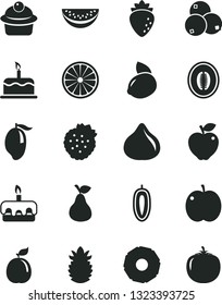 Solid Black Vector Icon Set - cake vector, muffin, torte, strawberries, pear, apple, red, raspberry, fig, blueberries, mango, half melon, water slice, sweet date fruit, yellow lemon, of orange